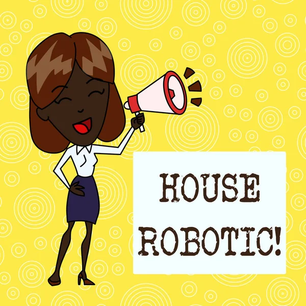Texto de escritura a mano House Robotic. Concepto que significa Máquinas programables que realizan tareas domésticas Mujer joven Hablando en Blowhorn Volumen Icono Color Fondo Cuadro de texto . —  Fotos de Stock