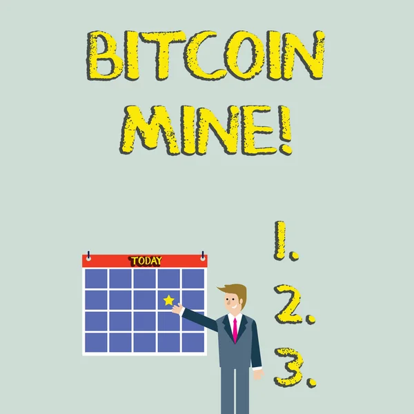 Kézírás szövege Bitcoin Mine. Fogalma jelentése feldolgozása ügyletek a digitális valuta rendszer üzletember mosolygott és mutatva színes naptár Star hang a Wall. — Stock Fotó