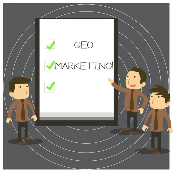 Text sign showing Geo Marketing. Conceptual photo the geolocated marketing techniques to get new clients Business People Colleagues Discuss Missions Presentation Whiteboard Ticks. — Stock Photo, Image