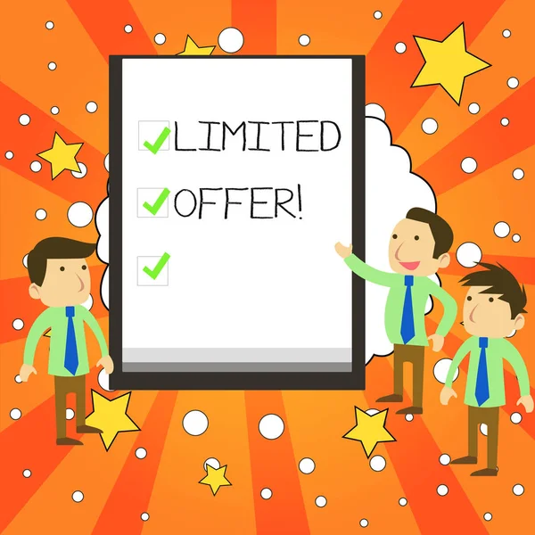 Writing note showing Limited Offer. Business photo showcasing special item available for a defined short period of time Business Colleagues Discuss Missions Presentation Whiteboard Ticks. — Stock Photo, Image