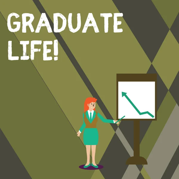 Conceptual hand writing showing Graduate Life. Business photo text condition or a status a demonstrating after finishing academic degree Woman Holding Stick Pointing to Chart of Arrow on Whiteboard. — Stock Photo, Image