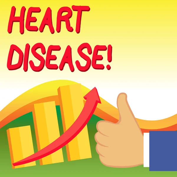 Text sign showing Heart Disease. Conceptual photo class of diseases that involve the heart or blood vessels Thumb Up Good Performance Success Escalating Bar Graph Ascending Arrow. — Stock Photo, Image