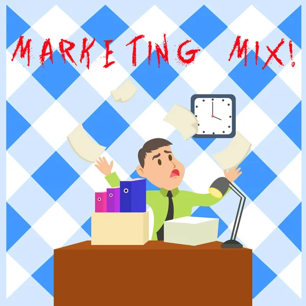 Conceptual hand writing showing Marketing Mix. Business photo showcasing Set of actions uses to promote the brand in the market Male Manager Cluttered Workspace Overflow Time Shortage. — Stock Photo, Image