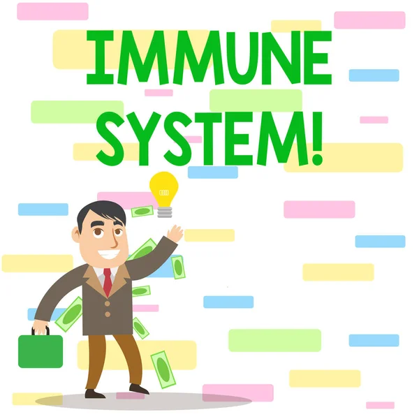 Writing note showing Immune System. Business photo showcasing host defense system comprising analysisy biological structures Successful Businessman Generating Idea or Finding Solution. — 스톡 사진