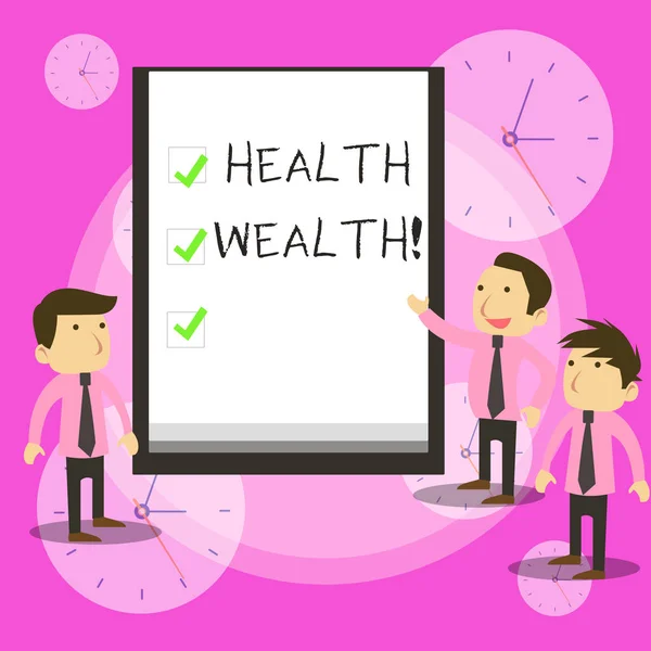 Conceptual hand writing showing Health Wealth. Business photo text health is the most valuable and precious for every individual Business Colleagues Discuss Missions Presentation Whiteboard Ticks. — Stock Photo, Image