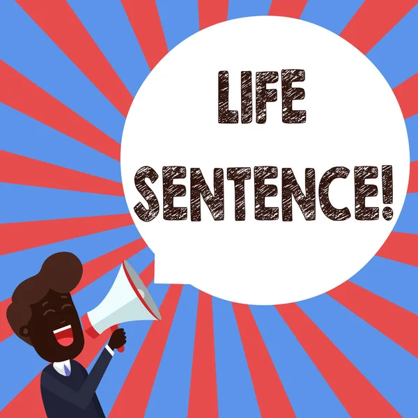 Text sign showing Life Sentence. Conceptual photo the punishment of being put in prison for a very long time Young Man Shouting into Megaphone Floating Round Shape Empty Speech Bubble. — Stockfoto