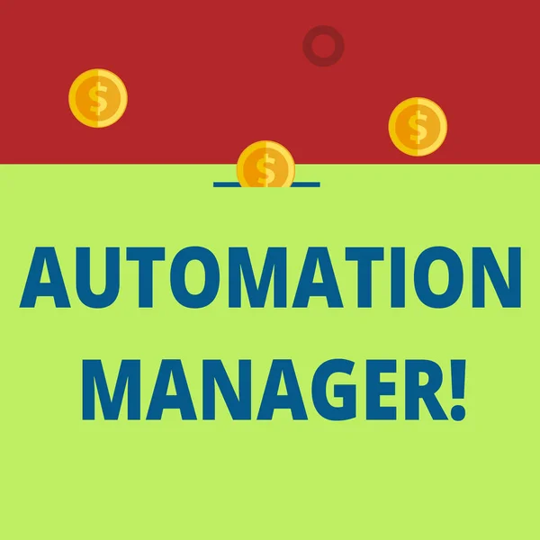 Word writing text Automation Manager. Business concept for eliminate repetiative tasks across your customer base Three gold spherical coins value thousand dollars one bounce to piggy bank.