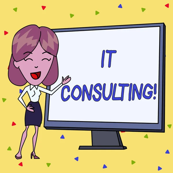 Handwriting text writing It Consulting. Concept meaning Focuses on advising organizations hot to analysisage their IT White Female in Standing Pointing Blank Screen Whiteboard Presentation.