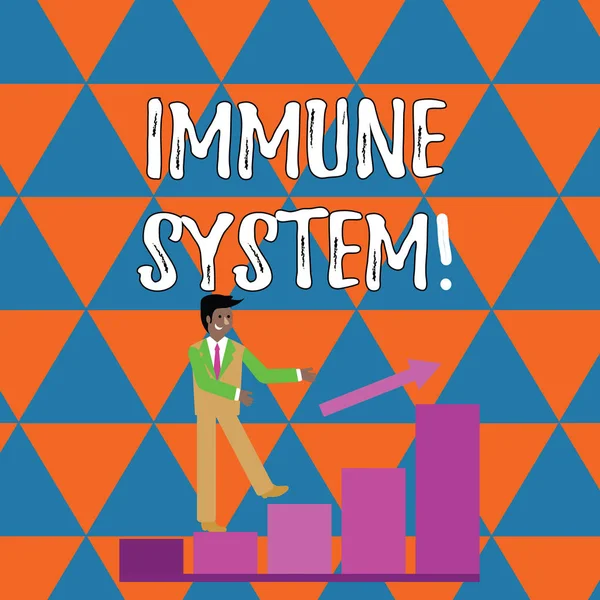 Handwriting text writing Immune System. Concept meaning host defense system comprising analysisy biological structures Smiling Businessman Climbing Colorful Bar Chart Following an Arrow Going Up.