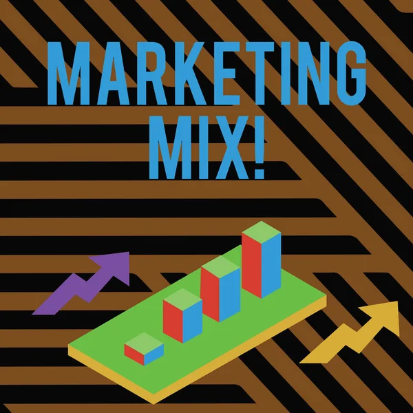 Text sign showing Marketing Mix. Conceptual photo Set of actions uses to promote the brand in the market Colorful Clustered 3D Bar Chart Graph Diagram in Perspective with Two Arrows. — Stock Photo, Image