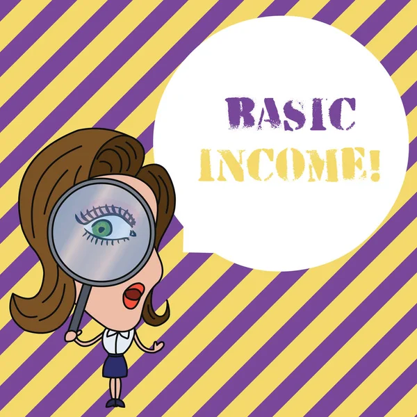 Writing note showing Basic Income. Business photo showcasing periodic cash payment unconditionally delivered Minimum income Woman Looking Trough Magnifying Glass Big Eye Blank Round Speech Bubble. — Stock Photo, Image