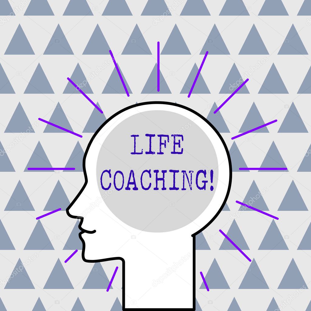 Handwriting text Life Coaching. Concept meaning a demonstrating employed to help showing attain their goals in life Outline Silhouette Human Head Surrounded by Light Rays Blank Text Space.