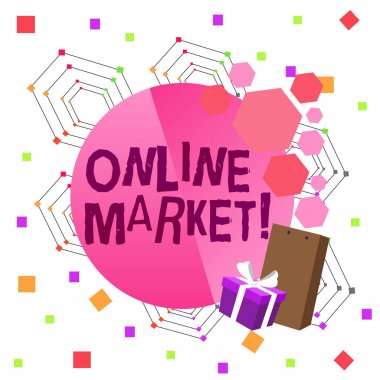 Online Market 'i gösteren kavramsal el yazısı. Bowknot tarafından dekore edilen Tebrik Kartı Posteri Paket Kutusunu satmak için web tabanlı kanalları kaldırma uygulaması.