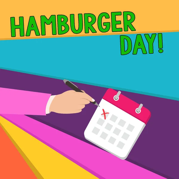 Écriture manuscrite écrit Hamburger Day. Concept signifiant célèbre l'histoire de ce plus irrésistible des sandwichs costume formel masculin croix outre d'un jour calendrier stylo à bille d'encre rouge . — Photo