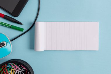 Pastel fon üzerinde modern gadget ile Dizüstü ve yazma ekipmanları. Kağıt artı sabit de bilgisayar fare modern arka plan sopa. Düz sanatsal yolu fotoğraf bırakır