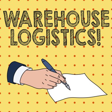 Kelime yazma Depo Lojistiği. İş dünyasındaki hem fiziksel malların hem de bilgilerin akışı için iş konsepti Erkek El Resmi Takım Elbisesi Tükenmez Kalem Boş Kağıt Parçası Yazma.