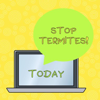 Kelime yazma metni. Termitleri durdurun. Küçük bir tropikal böceğin ormana zarar vermesini önlemek için iş konsepti Yuvarlak Şekil Boş Konuşma Baloncuğu Açık Laptop Renkli Arkaplan Üzerinde Yüzüyor.