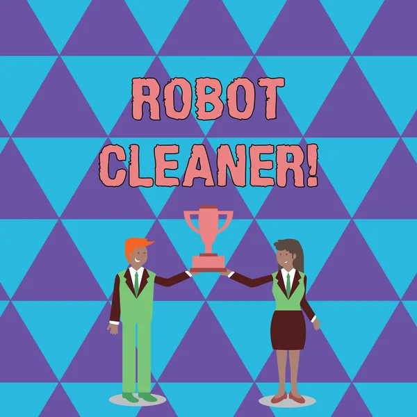 Conceptual hand writing showing Robot Cleaner. Business photo text Intelligent programming and a limited vacuum cleaning system Man and Woman Business Suit Holding Championship Trophy Cup.