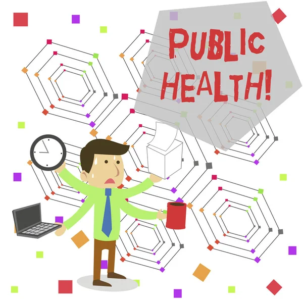 Writing note showing Public Health. Business photo showcasing government protection and improvement of community health Stressed Male Employee Manager Multitasking Meet Deadline. — 스톡 사진