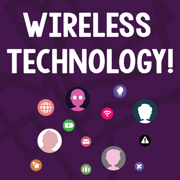 Text sign showing Wireless Technology. Conceptual photo a technology that allows wireless communication Networking Technical Icons with Chat Heads Scattered on Screen for Link Up. — Stock Photo, Image