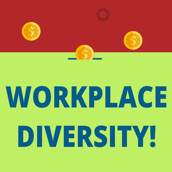 Word writing text Workplace Diversity. Business concept for environment that accepts each individual s is differences Three gold spherical coins value thousand dollars one bounce to piggy bank.