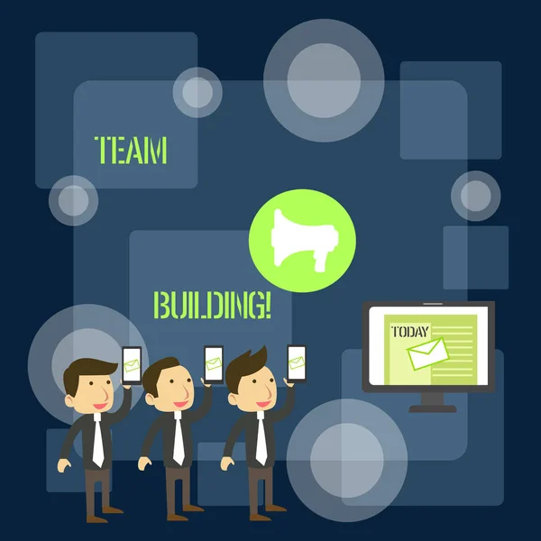 Redacción de texto a mano Team Building. Concepto significa actividades diseñadas para aumentar la motivación y la cooperación SMS Email Marketing Media Audiencia Atracción Ordenador Personal Altavoz . —  Fotos de Stock