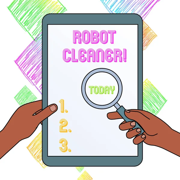 Writing note showing Robot Cleaner. Business photo showcasing Intelligent programming and a limited vacuum cleaning system Hands Holding Magnifying Glass Against Switched Off Touch Screen Tablet.