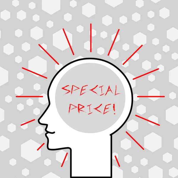 Writing note showing Special Price. Business photo showcasing selling at a price that is lower than usual Discounted Outline Silhouette Human Head Surrounded by Light Rays Blank Text Space.