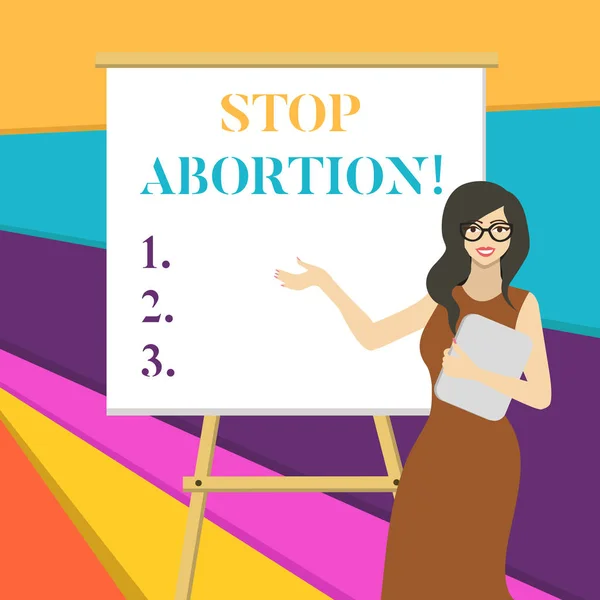 Texto escrito por palavra Stop Abortion. Conceito de negócio para parar o procedimento médico que costumava acabar com uma gravidez White Female em óculos de pé por Blank Whiteboard em Stand Apresentação . — Fotografia de Stock