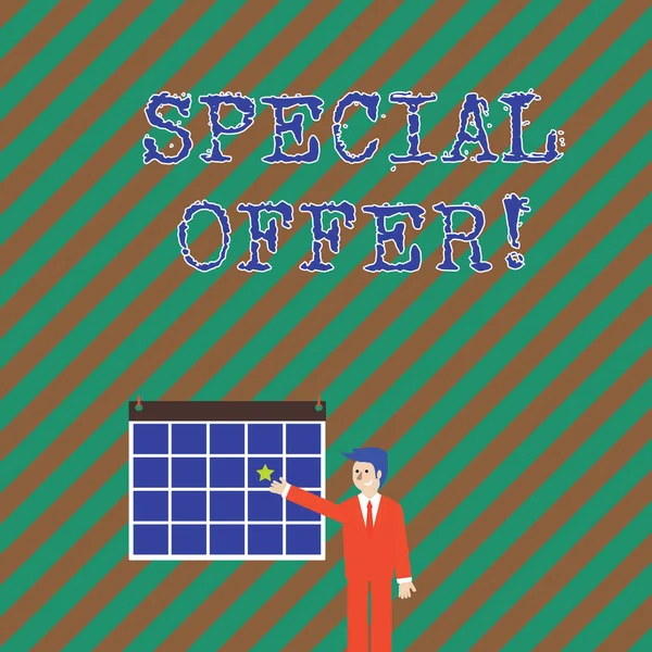 Word writing text Special Offer. Business concept for product or service that is offered free or at a very low price Businessman Smiling and Pointing to Colorful Calendar with Star Hang on Wall.