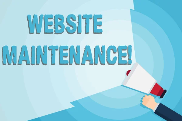Word writing text Website Maintenance. Business concept for act of regularly checking your website for issues Hand Holding Megaphone with Blank Wide Beam for Extending the Volume Range.