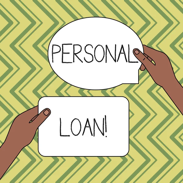 Word writing text Personal Loan. Business concept for unsecured loan taken by individuals from a financial company Two Blank Figured Tablets Signs Held in Hands One Above Other Text Space.