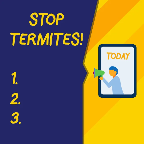 Sinal de texto mostrando Stop Termites. Foto conceitual evitar que um pequeno inseto tropical danifique as florestas . — Fotografia de Stock