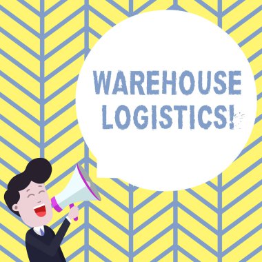 El yazısı metin yazma Depo Lojistik. Kavram anlamı iş hem fiziksel mal ve bilgi akışı Genç Adam Megafon Yüzen Yuvarlak Şekil Boş Konuşma Bubble içine Shouting.