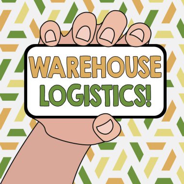 Kelime yazma Depo Lojistiği. İş dünyasında hem fiziksel malların hem de bilginin akışı için iş konsepti Akıllı Telefon Aygıtı Boş Ekran ve Metin Boşluğu ile El Altında.