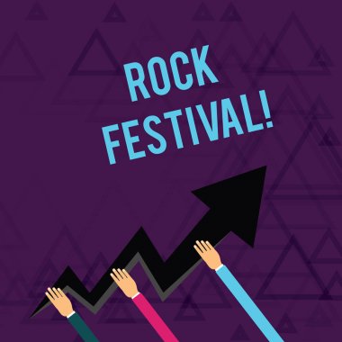 Rock Festivali 'ni gösteren bir not yazıyorum. Heavy metal türünde Hands Holding Zigzag Lightning Arrow Pointing and Going Up 'ın yer aldığı büyük ölçekli rock konseri.