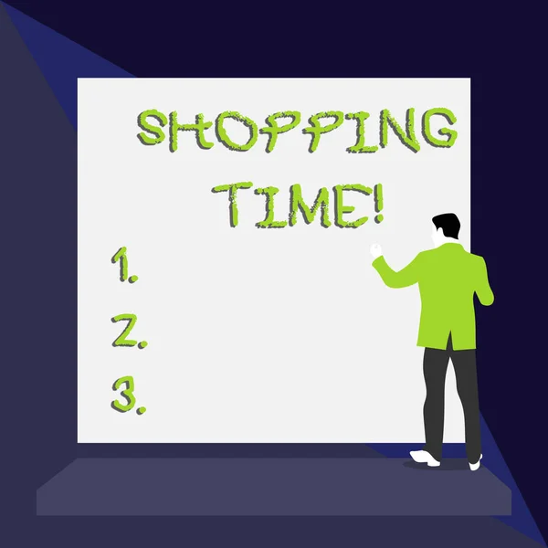 Słowo pisanie tekstu Zakupy czas. Koncepcja biznesowa na okres czasu, w którym ktoś kupuje wiele rzeczy. — Zdjęcie stockowe