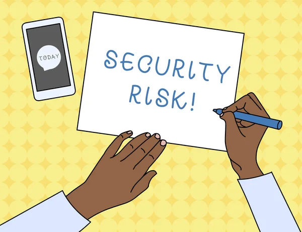 Writing note showing Security Risk. Business photo showcasing possesses a possible threat to the security of something Top View Man Writing Paper Pen Smartphone Message Icon. — Stock Photo, Image