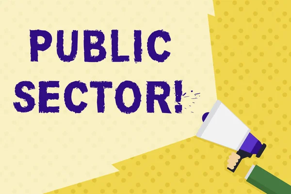 Text sign showing Public Sector. Conceptual photo the part of an economy that is controlled by the state Hand Holding Megaphone with Blank Wide Beam for Extending the Volume Range.