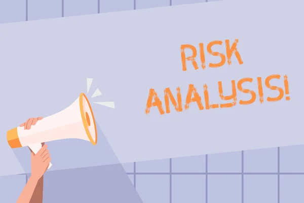 Handwriting text writing Risk Analysis. Concept meaning review of the risks associated with a particular event Human Hand Holding Tightly a Megaphone with Sound Icon and Blank Text Space.
