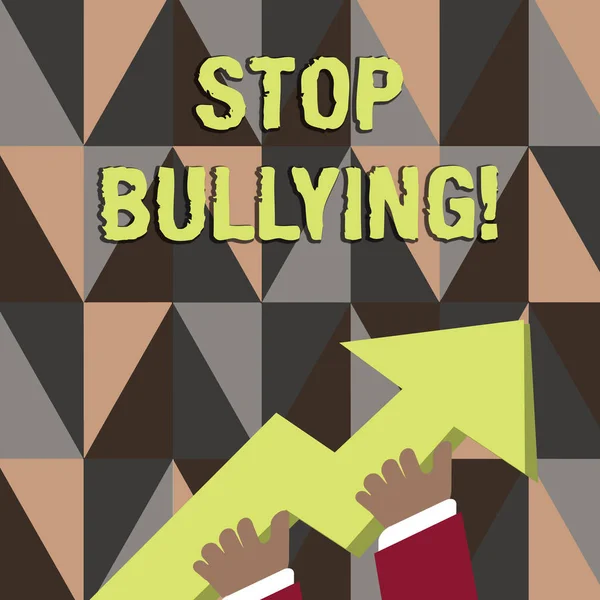 Word writing text Stop Bullying. Business concept for stop the aggressive behaviour among school aged children photo of Hand Holding Colorful Huge 3D Arrow Pointing and Going Up. — 스톡 사진
