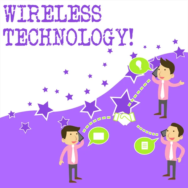 Text sign showing Wireless Technology. Conceptual photo a technology that allows wireless communication Businessmen Coworkers Conference Call Conversation Discussion Mobile Phones. — Stock Photo, Image