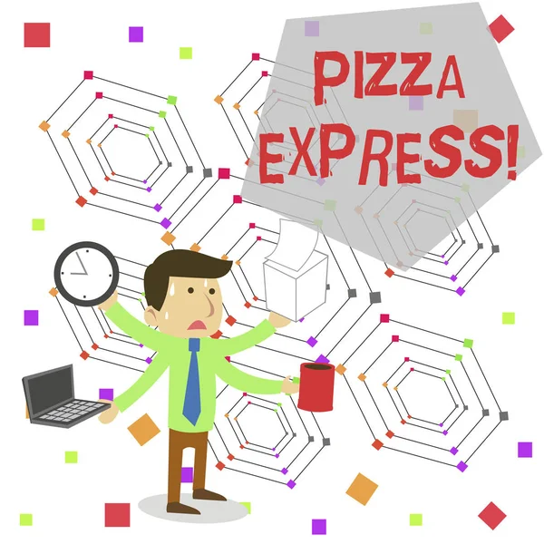 Writing note showing Pizza Express. Business photo showcasing fast delivery of pizza at your doorstep Quick serving Stressed Male Employee Manager Multitasking Meet Deadline. — 스톡 사진