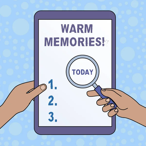 Word writing text Warm Memories. Business concept for Something that you remember with pleasure Sweet reminiscences Hands Holding Magnifying Glass Against Switched Off Touch Screen Tablet. — Stock Photo, Image