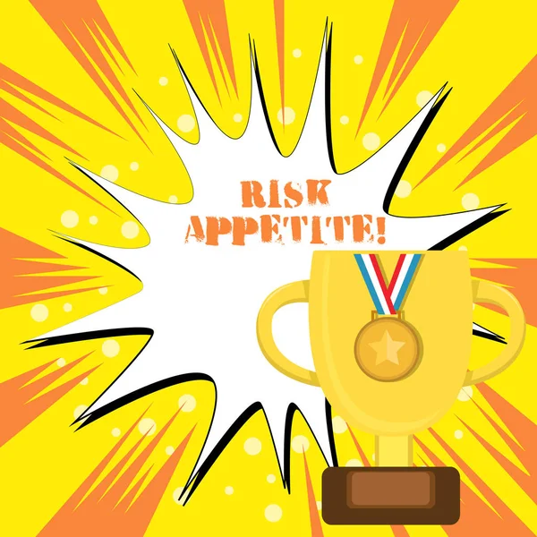 Text sign showing Risk Appetite. Conceptual photo the level of risk an organization is prepared to accept Trophy Cup on Pedestal with Plaque Decorated by Medal with Striped Ribbon. — Stock Photo, Image