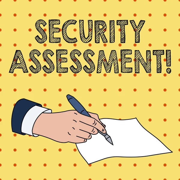 Word writing text Security Assessment. Business concept for study to locate IT security vulnerabilities and risks Male Hand Formal Suit Holding Ballpoint Pen Blank Piece of Paper Writing. — Stock Photo, Image
