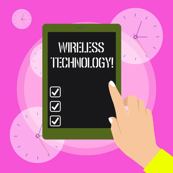 Conceptual hand writing showing Wireless Technology. Business photo showcasing a technology that allows wireless communication Female Hand with Polished Nails Pointing Tablet Screen Off. — Stock Photo, Image