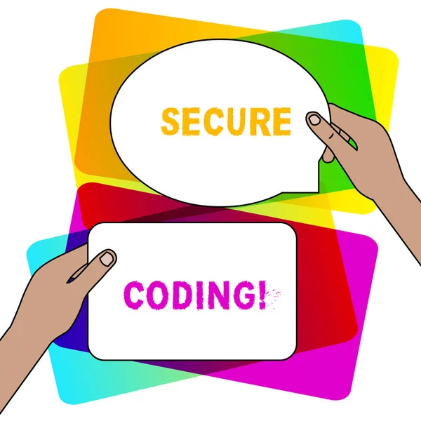 手写文本书写安全编码。概念含义 应用以避免安全漏洞的引入 两个空白图片符号在手一举一起其他文本空间. — 图库照片