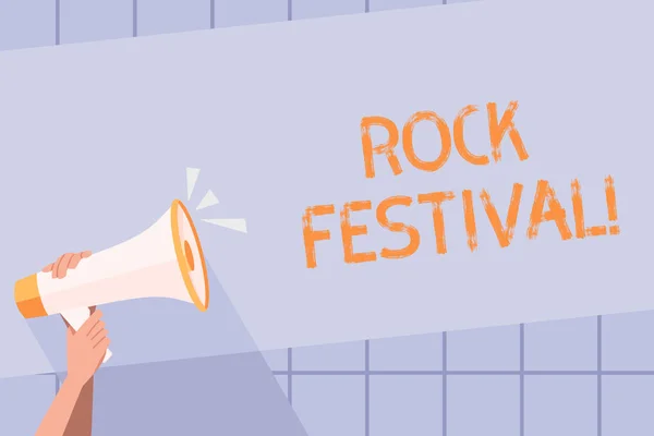 Écriture manuscrite du texte Rock Festival. Concept signifiant concert de musique rock à grande échelle mettant en vedette le genre des métaux lourds Human Hand Holding Tightly a Megaphone with Sound Icon and Blank Text Space . — Photo