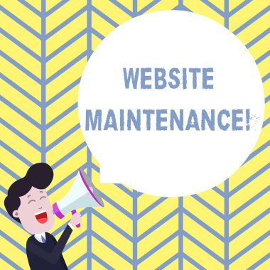 El yazısı metin yazma Web Sitesi Bakım. Kavram anlamı hareket düzenli sorunlar için web sitenizi kontrol Genç Adam Megafon Yüzen Yuvarlak Şekil Boş Konuşma Bubble içine Shouting.